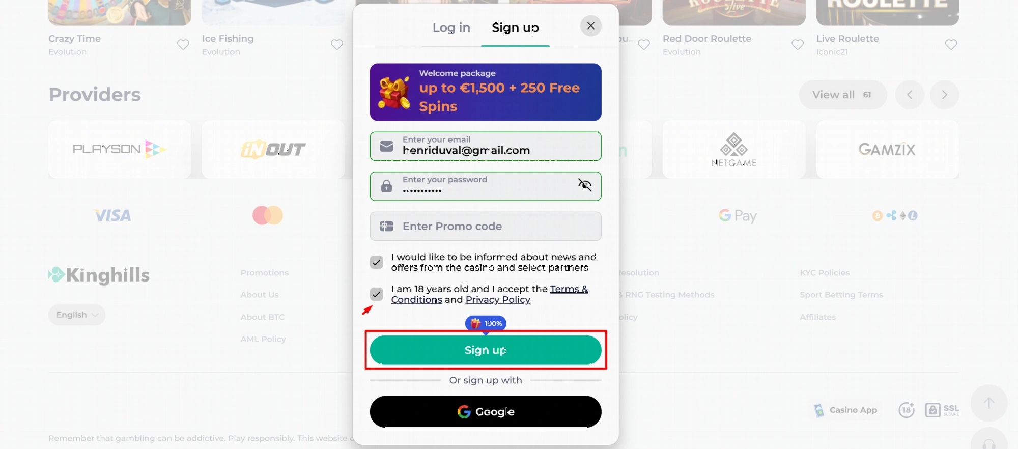 KingHills Casino UK registration page showcasing welcome offer
